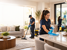 Cleaning team wiping a kitchen countertop and vacuuming the living room.