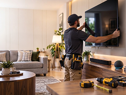 echnician positioning a wall-mounted TV above a living room console.