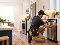 Technician installing a stainless steel dishwasher beneath a kitchen counter.