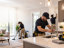 Maintenance team working on a kitchen faucet, cleaning, and preparing a rental unit.